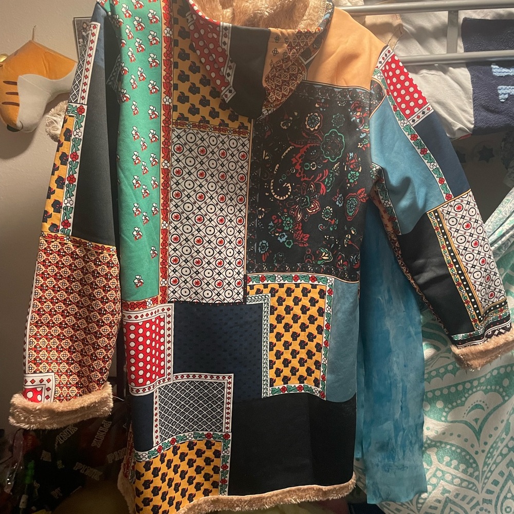 Medium button coat faux lining boho